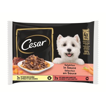 Cesar Hundefutterverpackung mit einem Teller Fleisch und Karotten in Sauce. Der Text hebt "2x mit Huhn und Gemüse" und "2x mit Rind und Karotten" hervor.